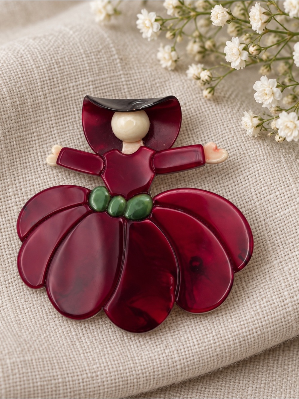 Collectible Signed Lea Stein Paris Berry Red Dress Lady Figural Brooch
